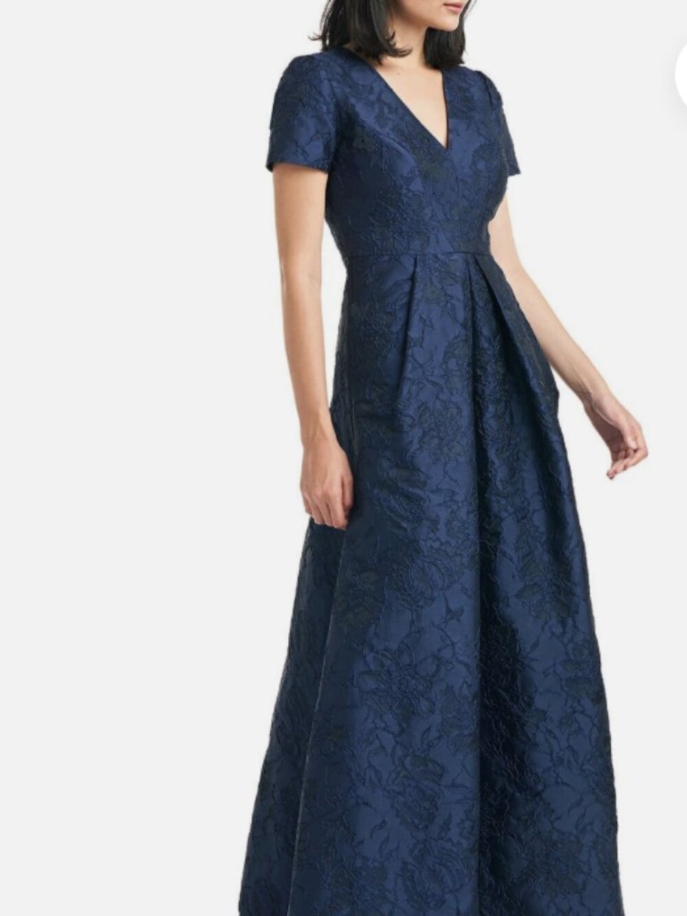NWT Kay Unger New York Pleated Floral Jacquard Blue Gown with Pockets